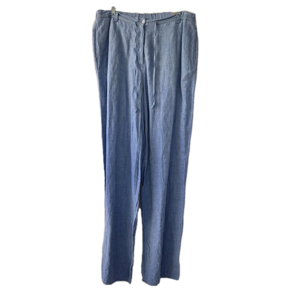 KATE HILL Woman's Size L 100% Linen Pants Relaxed Drawstring Trouser Blue